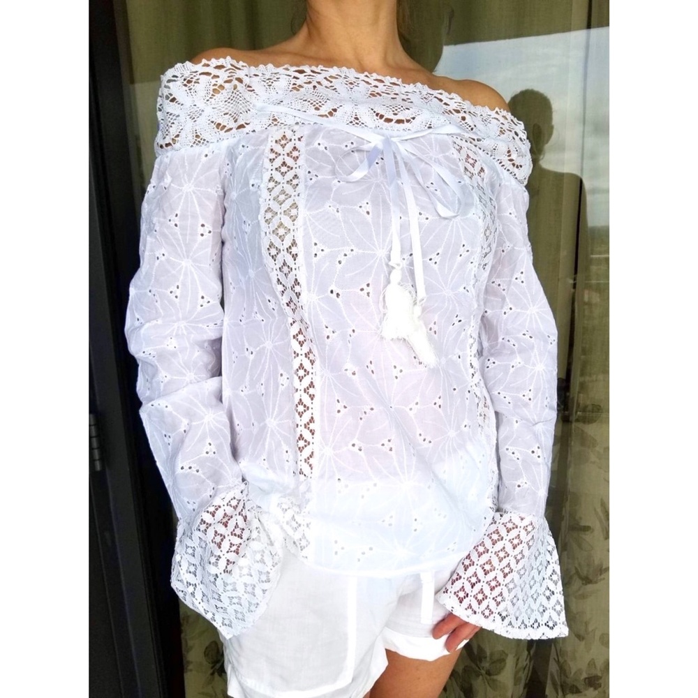 STYLISH WHITE LACE PATCHWORK OFF SHOULDER BLOUSE - Picture 9 of 11